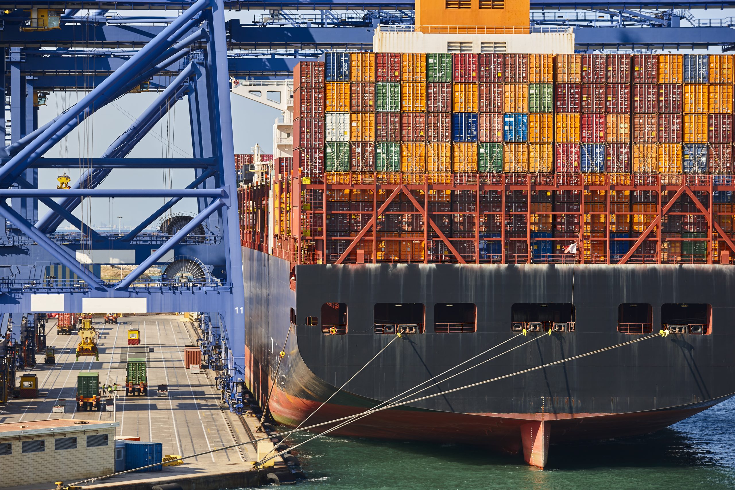 Containers on a vessel. Global market. Cargo shipping. International economy